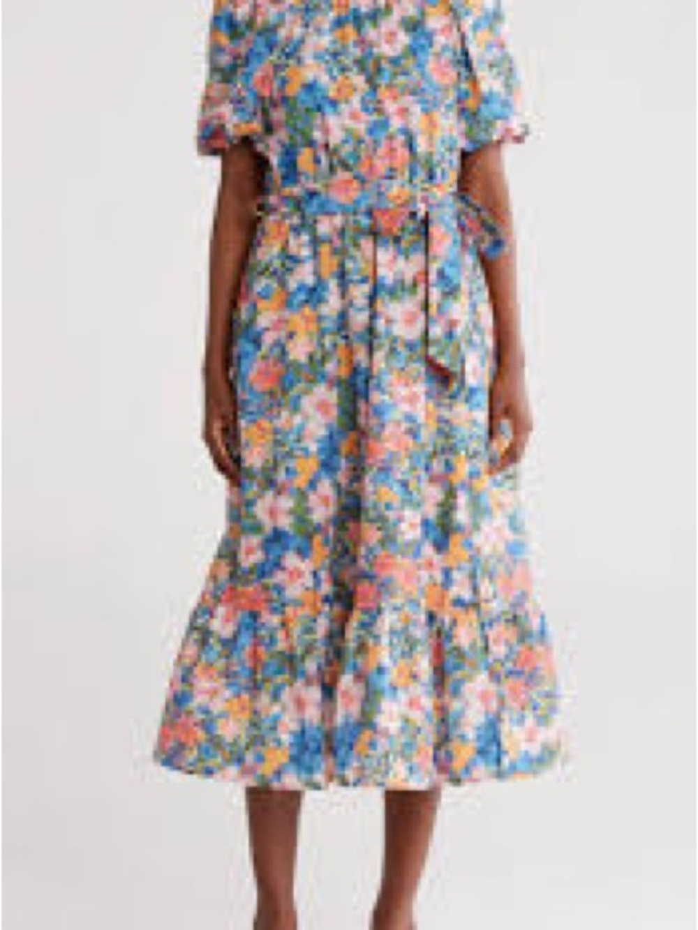 MELLODAY Blue Floral Belted Midi Dress with Pink & Yellow Blooms